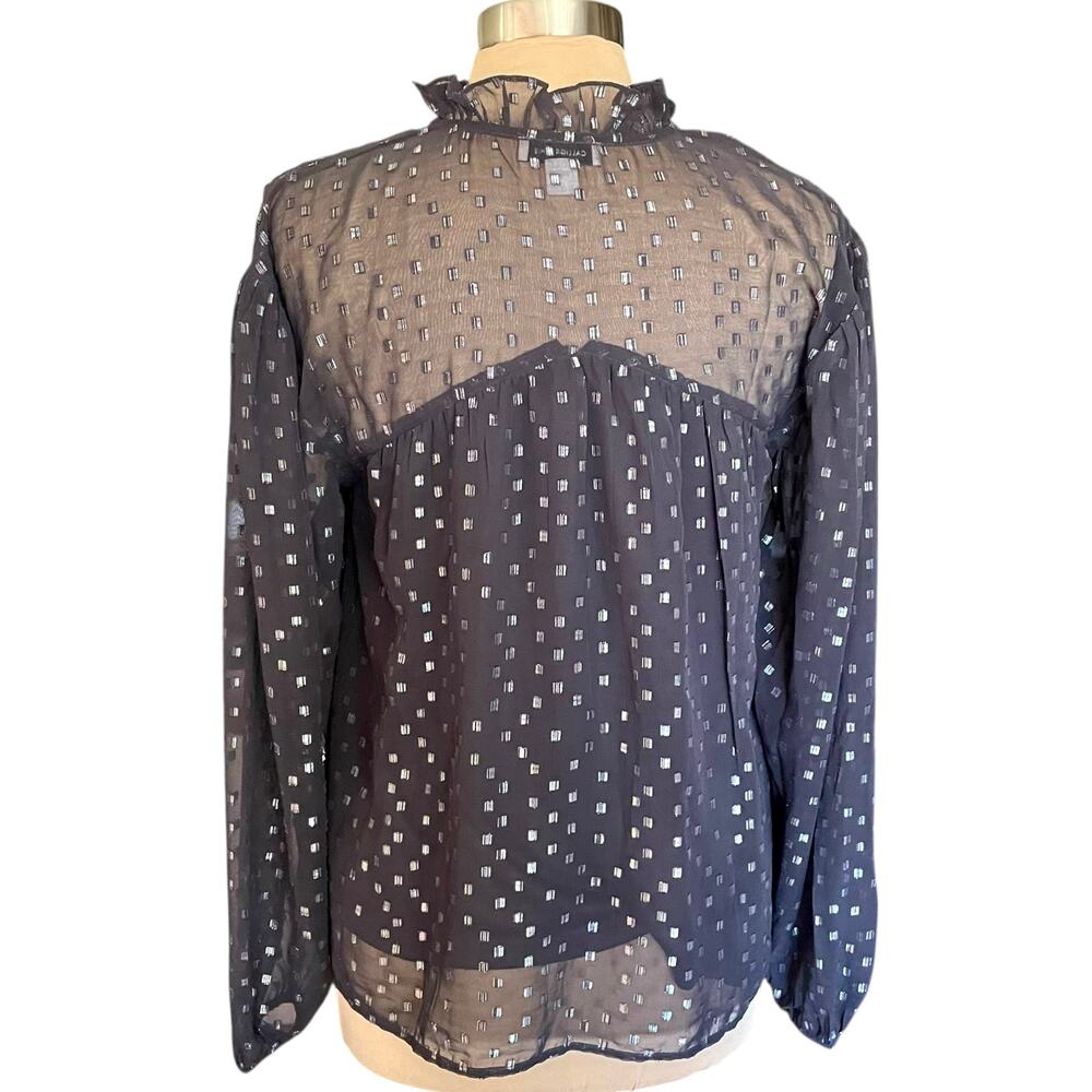 Calligraphie Black Lace Trim Metallic Clip Dot Sheer Blouse MED Whimsygoth Fairy - Picture 5 of 10